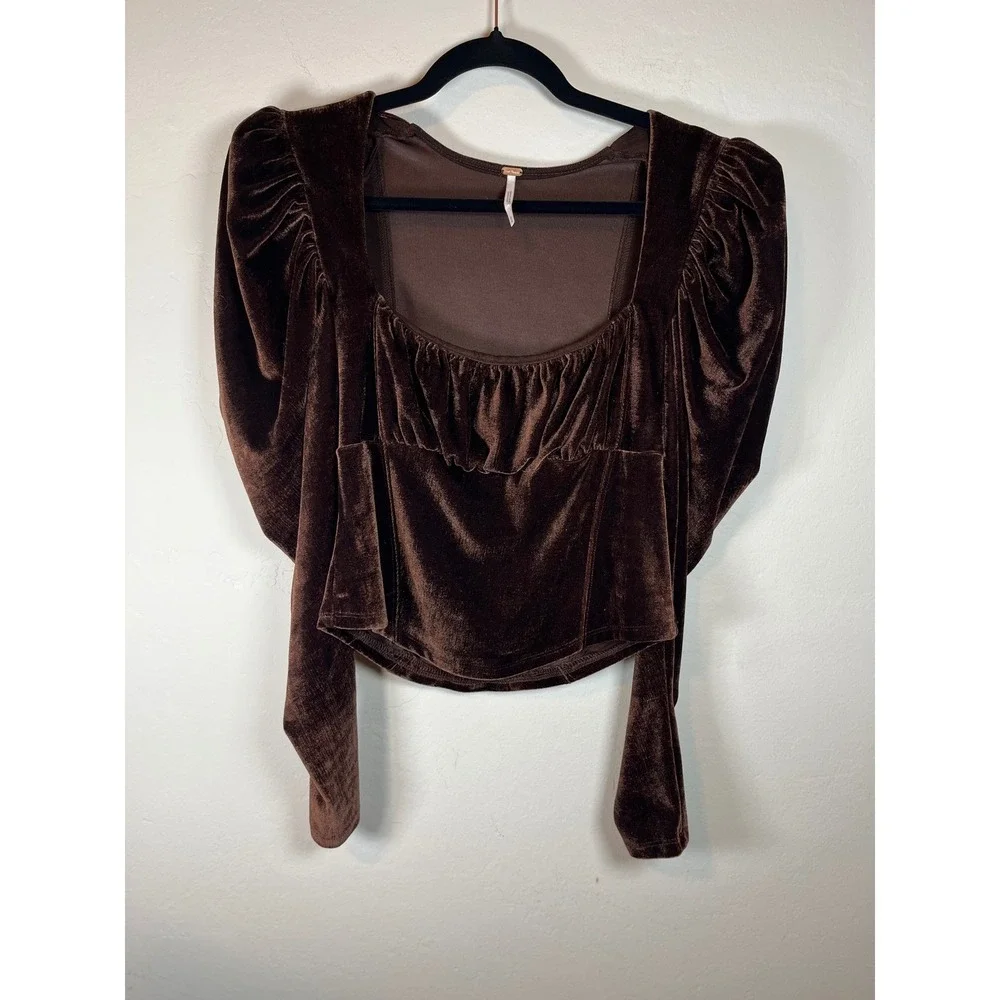 Free People Brown Velvet Puff Sleeve Square Neck Corset Top Women's M